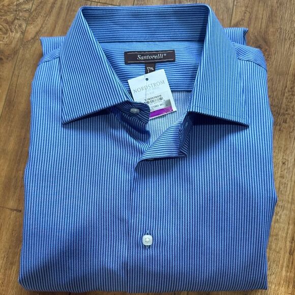 NWT Santorelli Nordstrom Men’s Size 17 ( XL ) Blue Stripped Button Down Shirt - Picture 1 of 12